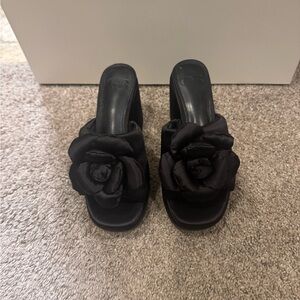 GB Girls Black Mules with Floral Accent